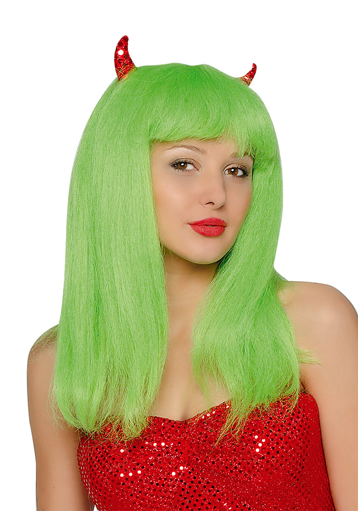 Peluca Diablesa Verde Con Cuernos
